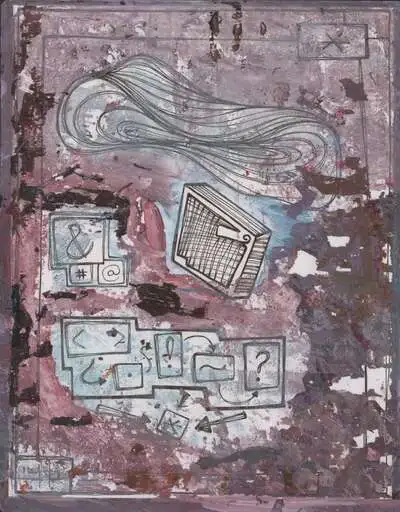 A mauve page where a flowing plume of hair passes over a hatched cube, ampersand and at-sign cards, and a strip of operator glyphs