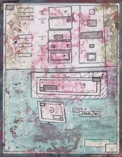 A cabinet of ink drawers and slots washed in pink and sea green, with factshift.com lettered small