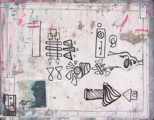 Loose ink glyphs on a pale page: a ladder, triangles, a hash knot, spirals, and a fat striped arrow pointing at a small house