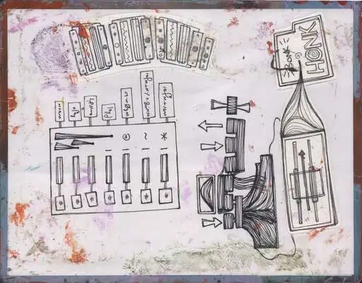 A marker-drawn mixing board of sliders marked with operator sigils, arrows feeding a tower, and a HONK label in the corner