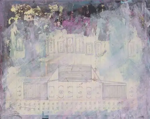 Pale yellow and violet wash over lined paper, a row of faint pencil cards above a wide stage-like facade