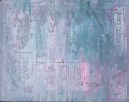 Blue and violet wash over faint pencil: a lore cloud, question marks, and wonder forms showing through