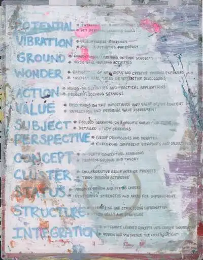 Thirteen operator words hand-lettered in blue down a teal-washed page, potential through integration, each followed by a line about how it is practiced