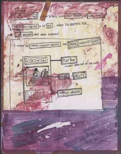 A boxed-word journal page for Pi Day announcing the first episode of Lore Land and an initial concept sketch for Mimes Against WAP, over a violet band