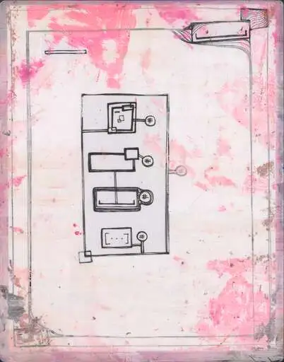 A pink-spattered page framing a vertical stack of four ink boxes, each tagged with a hash mark