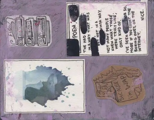 A lilac board with a partly blacked-out poem ending if you count the boring ones or the internet, an ink wash, a stacked flow card, and a kraft-paper WAP card