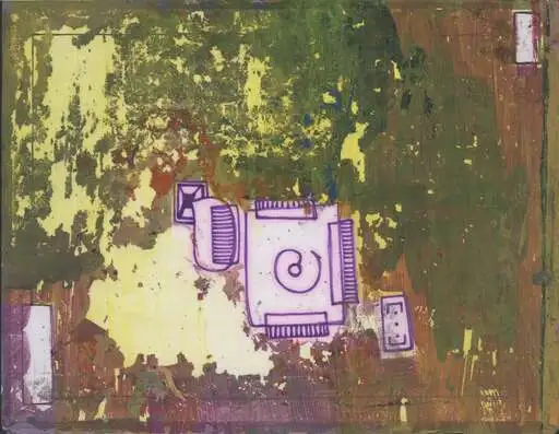 A violet-outlined chip with a spiral at its center, set in a clearing of ochre, olive, and brown paint