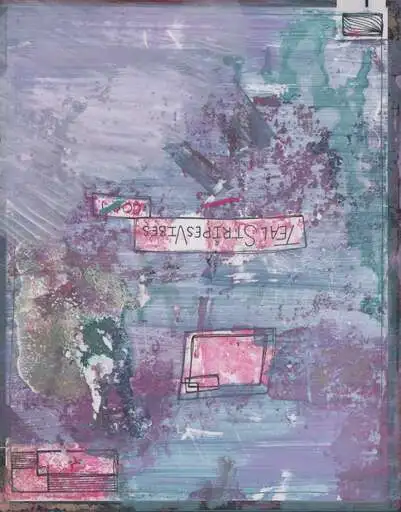 Violet and teal wash over a small pink panel and a Teal Stripes Vibes label