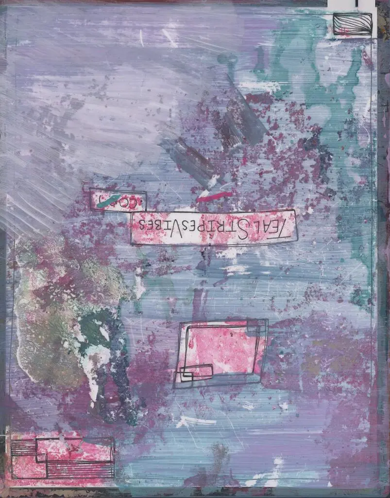 Violet and teal wash over a small pink panel and a Teal Stripes Vibes label