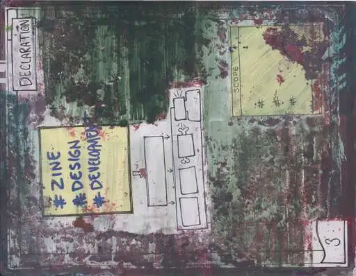 A dark green page headed Declaration, with a yellow card reading zine, design, development and a lime panel labeled scope