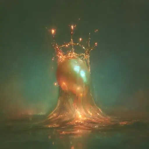 A luminous pearl stands in teal mist while molten gold splashes upward into a crown.