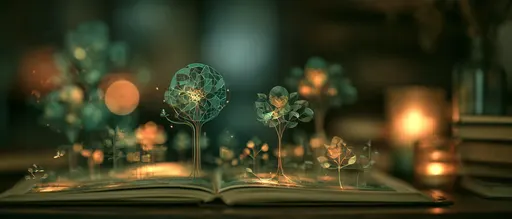 An open book on a candlelit desk; translucent teal lattice trees and small amber blooms grow up out of its pages.