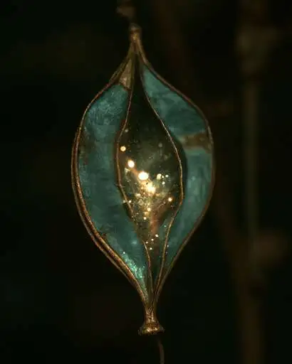 A hanging teal seed pod splits to show a cluster of warm lights inside a dark interior.