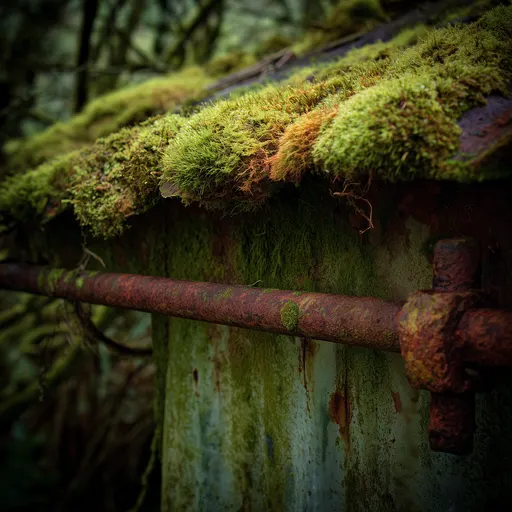 Weathered copper and moss living surface study with organic matte patina.