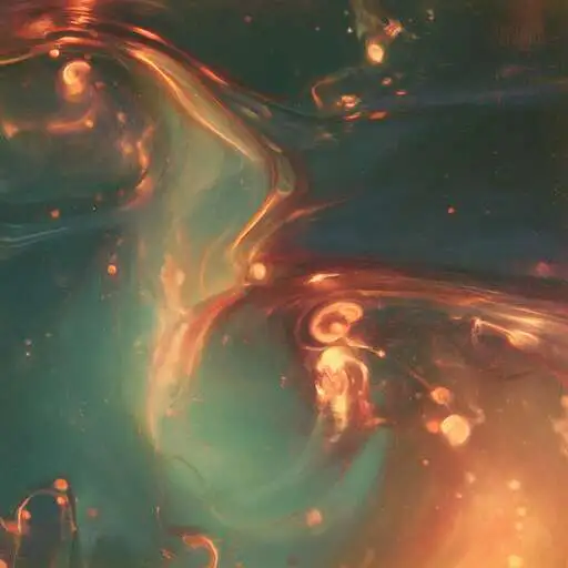 Teal and amber currents fold through one another in a continuous fluid field.