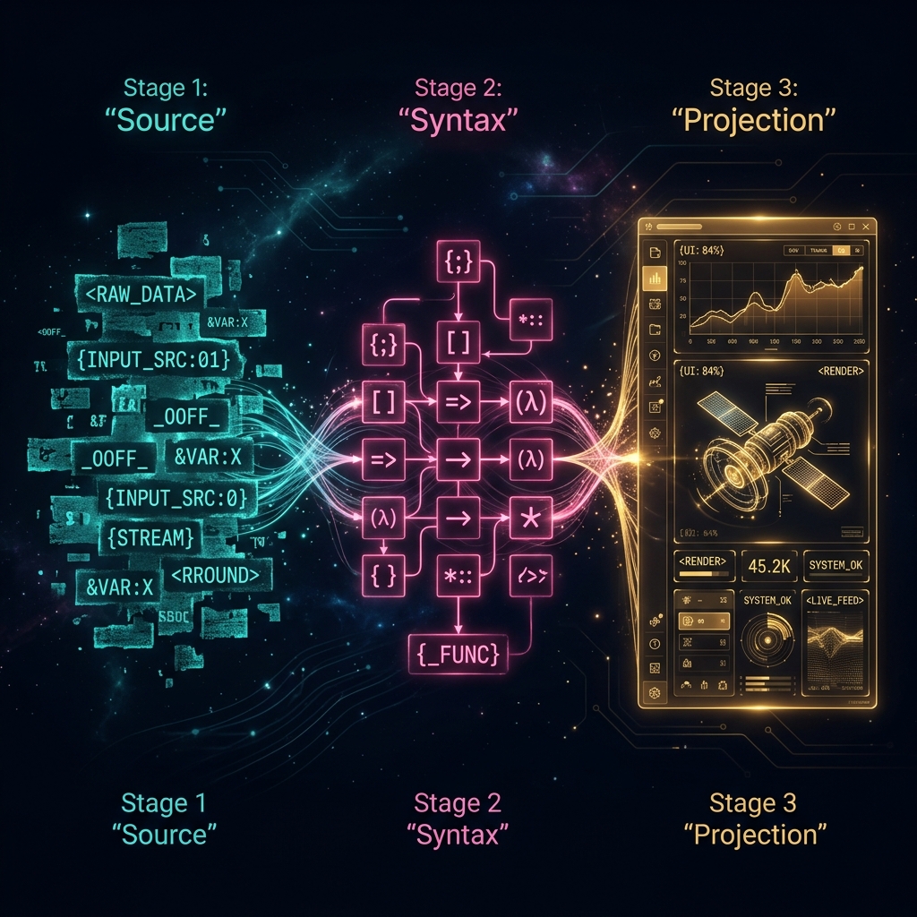 Three-stage technical lifecycle: Source, Syntax, and Projection.