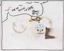 Ink on white canvas: a speech cloud asks are we saying the same, over coffee-cup rings and a small figure