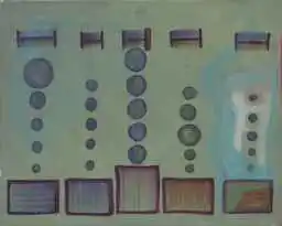Five columns of beads descending into five boxes on sage