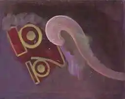 Gold-outlined red blocks with circle glyphs beside a pink plume on violet