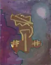 An ochre map shape drawn over in gold hashes beside a grey figure with a pink head, on violet