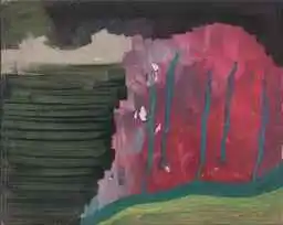 Dark green bands beside a red field run through with teal drips, over a green ground