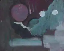 A rose moon, pale bubbles, and a teal surf on a dark ground