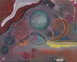 A teal moon, a white drip, and an orange curl over layered reds