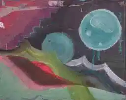 Two teal spheres over a red leaf shape and a green wave