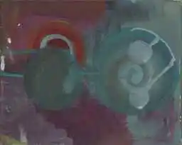 Teal spirals beneath a red and cream arch
