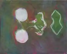 Two pale moons, a green blot, and a green lozenge on a green ground