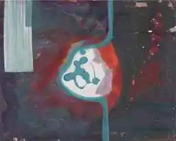 A white blot with a teal mark inside a red halo, a teal line running through