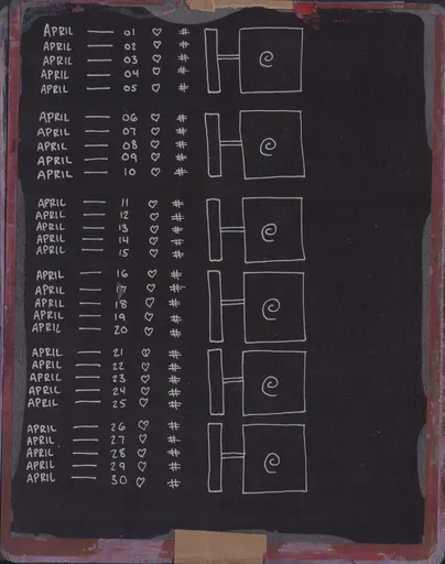 A board painted black inside a red frame: April 01 through April 30 in white, each day with a heart and a hash mark, grouped in fives beside six boxes that each hold a spiral.