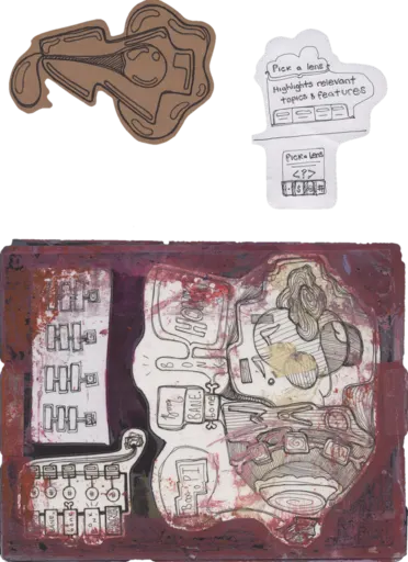 A painted board in red and plum holds a collage under laminate: Boon HONK, boon BANE bone, Boon PI in bubbles, chains of hash marks over bane, bone, onk, honk, and a hatched drawing crowded with spirals and bones; beside it on the clear sheet, the kraft key and pick a lens.
