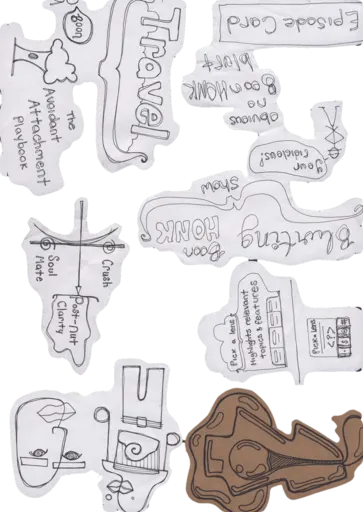 Cutouts on a clear sheet: Travel and The Avoidant Attachment Playbook; an Episode Card: obvious, no Boon HONK, blurt, your fidelious!; Blurting Boon HONK show; the crush chart; pick a lens; the line-drawn figures; the kraft key.