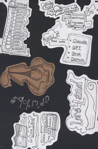 Cutouts on a clear sheet over the dark scanner lid: first my plan was to be an Electrical Engineer…, now plan with Claude, GPT, Grok, Gemini; the operator table; the kraft key; silver glyphs on black paper; Production for Lore.Land; and the Lore.Land sign.