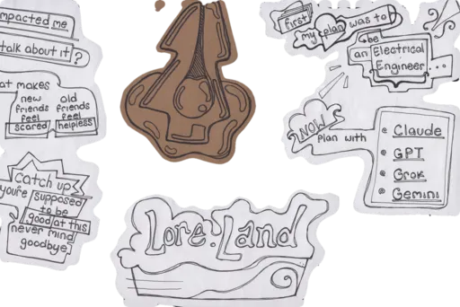 Cutouts on a clear sheet: speech bubbles run off the left edge: impacted me, talk about it?, what makes new friends feel scared, old friends feel helpless, catch up, you're supposed to be good at this, never mind, goodbye; the kraft key stands upright beside first my plan, now plan with, and the Lore.Land sign.
