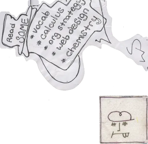Cutouts on a clear sheet: Read SOME tilted across the top, and a small framed square below with a looped cloud over a face of two hash-mark eyes and a B.