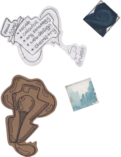 Cutouts on a clear sheet: Read SOME, signed SPWASHI; the kraft key; the teal spiral blot square; and a square of pale teal wash rising like a skyline.