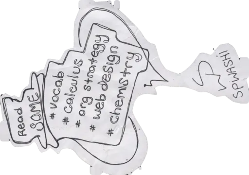 Cutout on a clear sheet, lettered sideways: Read SOME: #vocab, #calculus, #org strategy, #web design, #chemistry, signed SPWASHI.