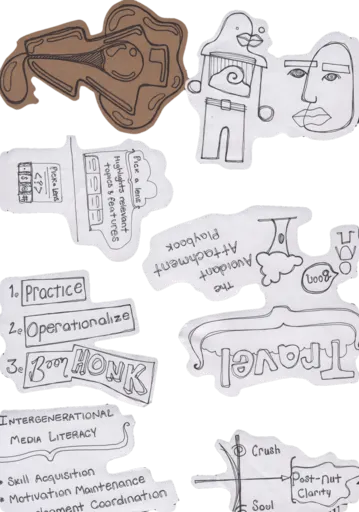 Cutouts on a clear sheet: line-drawn figures with spiral eyes and full lips; pick a lens; The Avoidant Attachment Playbook with a Boon speech bubble; Travel lettered upside down; Practice, Operationalize, Boon HONK; Intergenerational Media Literacy; the crush chart; the kraft key.