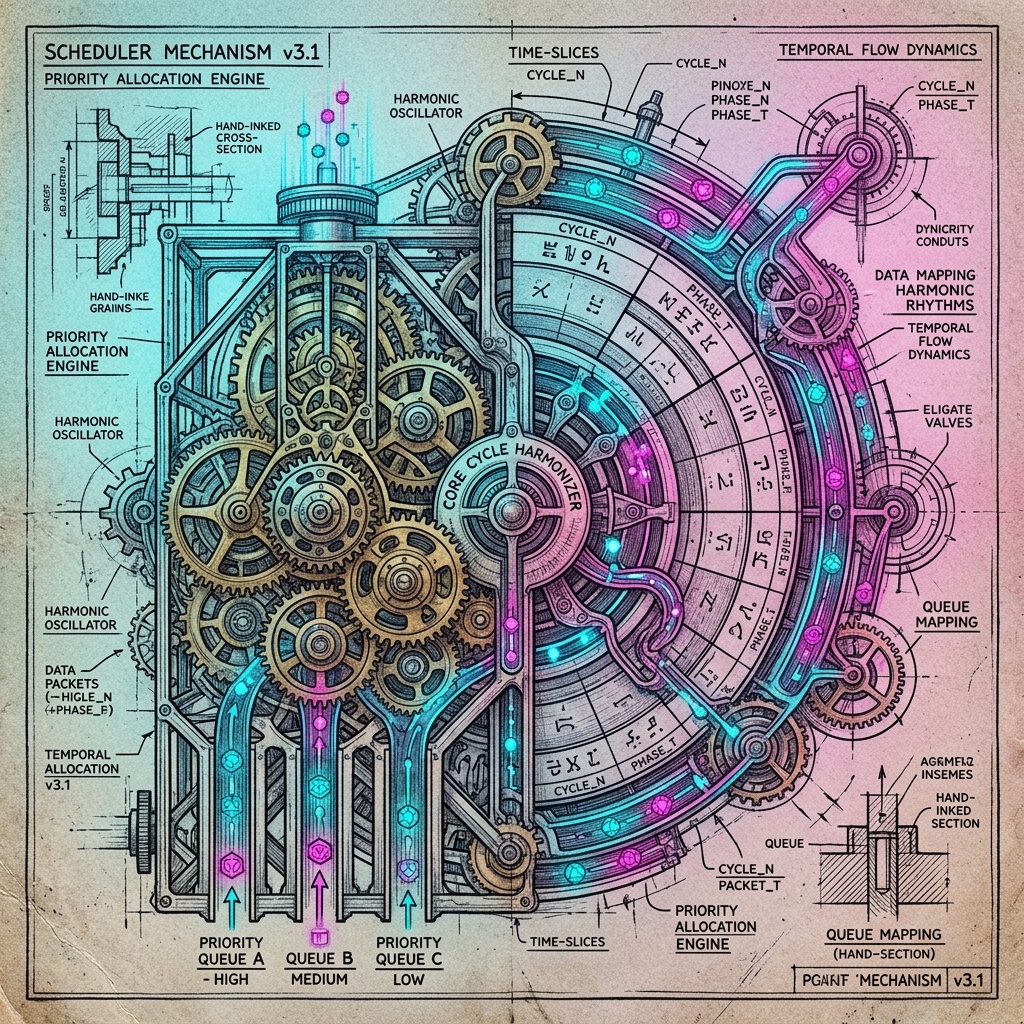 Complex clockwork mechanism representing priority queues and time-slices.