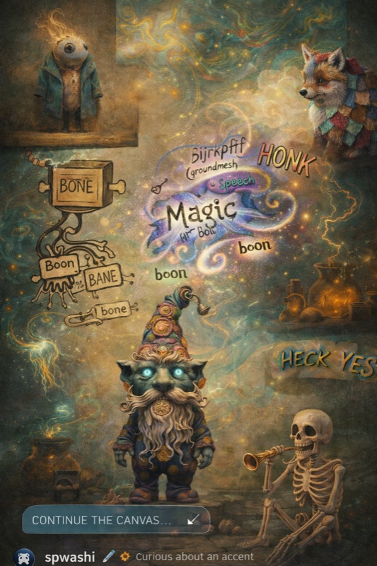 Whimsical vocabulary garden: a fox creature, a one-eyed wanderer, and at center a gnome with glowing blue eyes and an ornate hat — 'l'n'd'r. Surrounding text names the vocabulary: Boon, Bane, Bone, Magic, HONK.