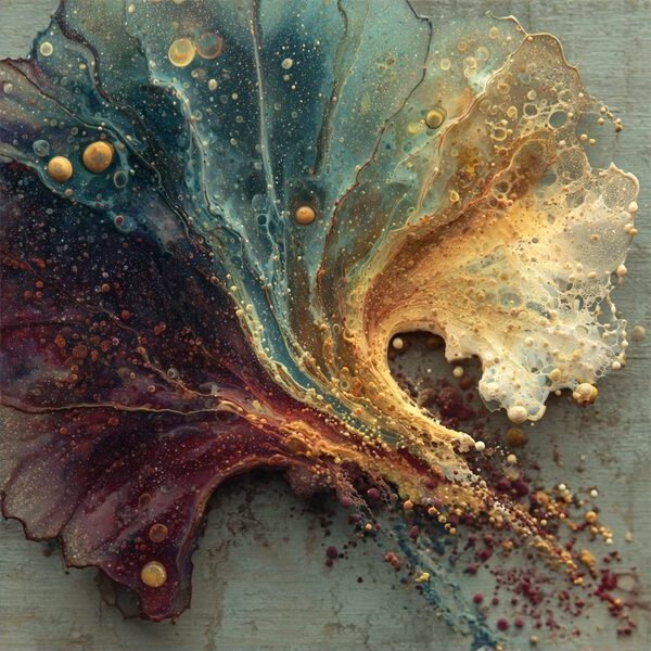 Abstract wash panel with a flared teal and plum bloom edged in cream.