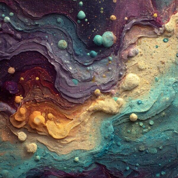 Abstract wash panel with layered teal, plum, and cream ribbons studded with round droplets.