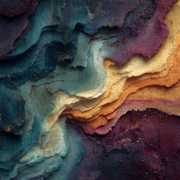 Abstract wash panel with folded teal and cream layers opening into a gold edge.