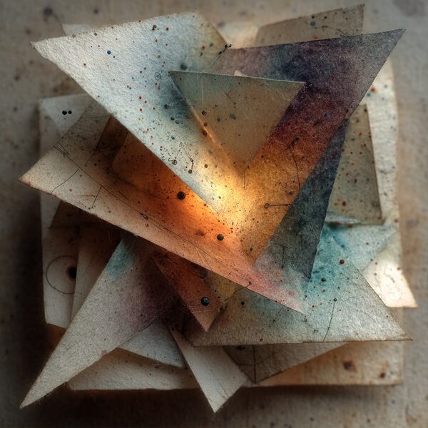 Paper geometry study with folded planes lit by a warm orange center.