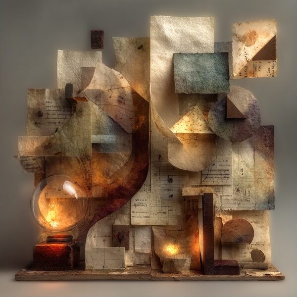 Paper machinery study with layered notes, glowing lamps, and stacked forms.