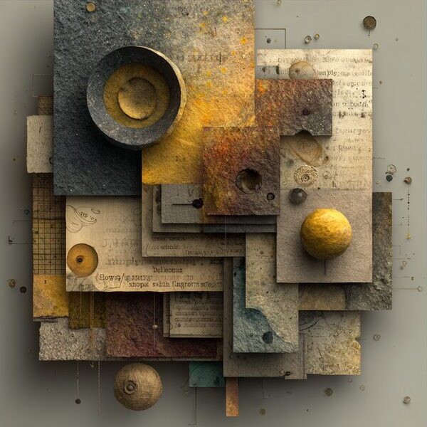 Paper grid study with stacked square forms, notes, and a yellow sphere.