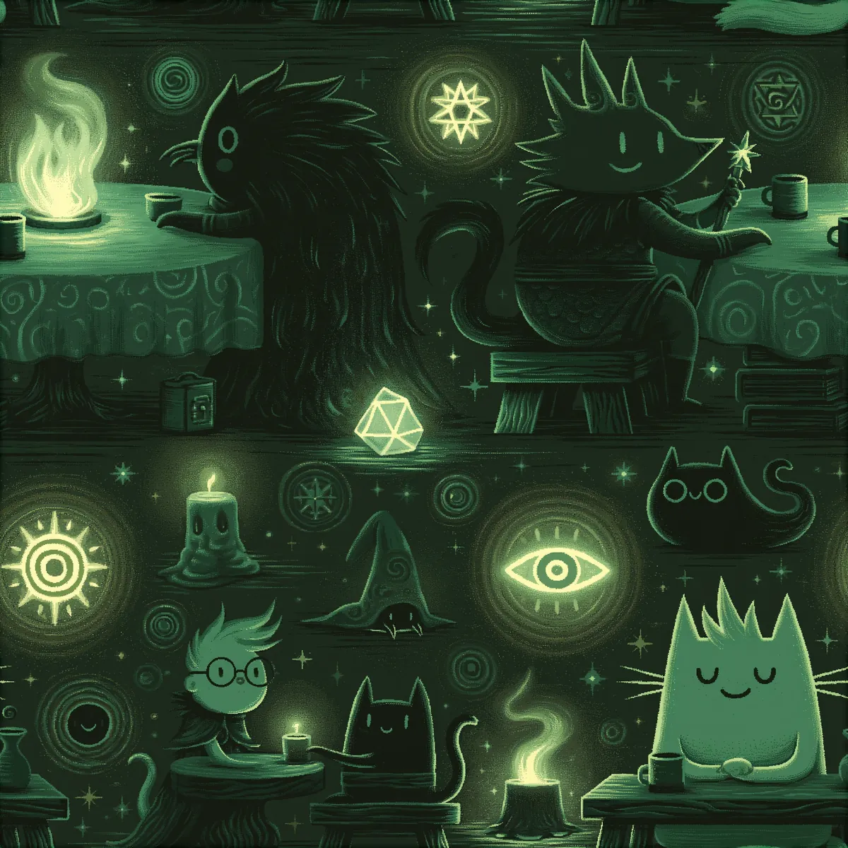 Glowing RPG Wednesday study with green ritual light.