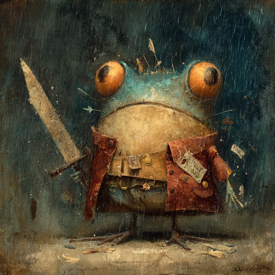 Woodfrog paladin portrait study in moss greens and warm brass light.